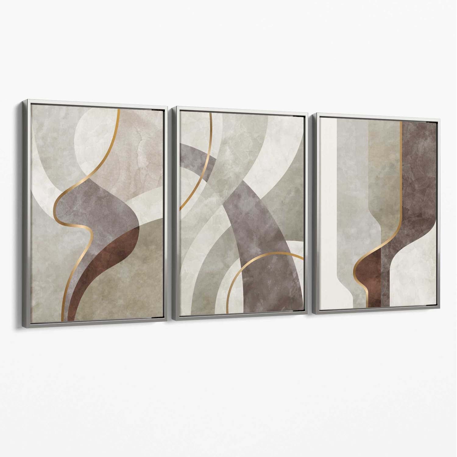 Beige and Brown Set of 3 Abstract Swirls Canvas Art Prints with Silver Float Frame