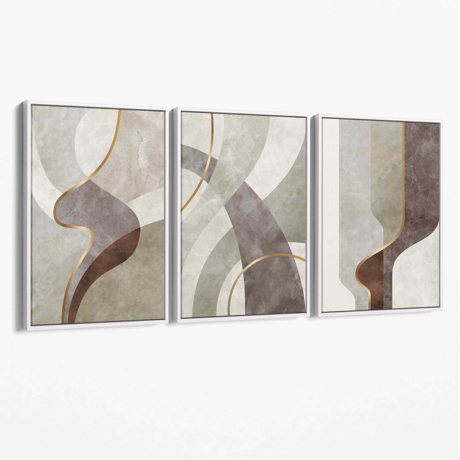 Beige and Brown Set of 3 Abstract Swirls Canvas Art Prints with White Float Frame