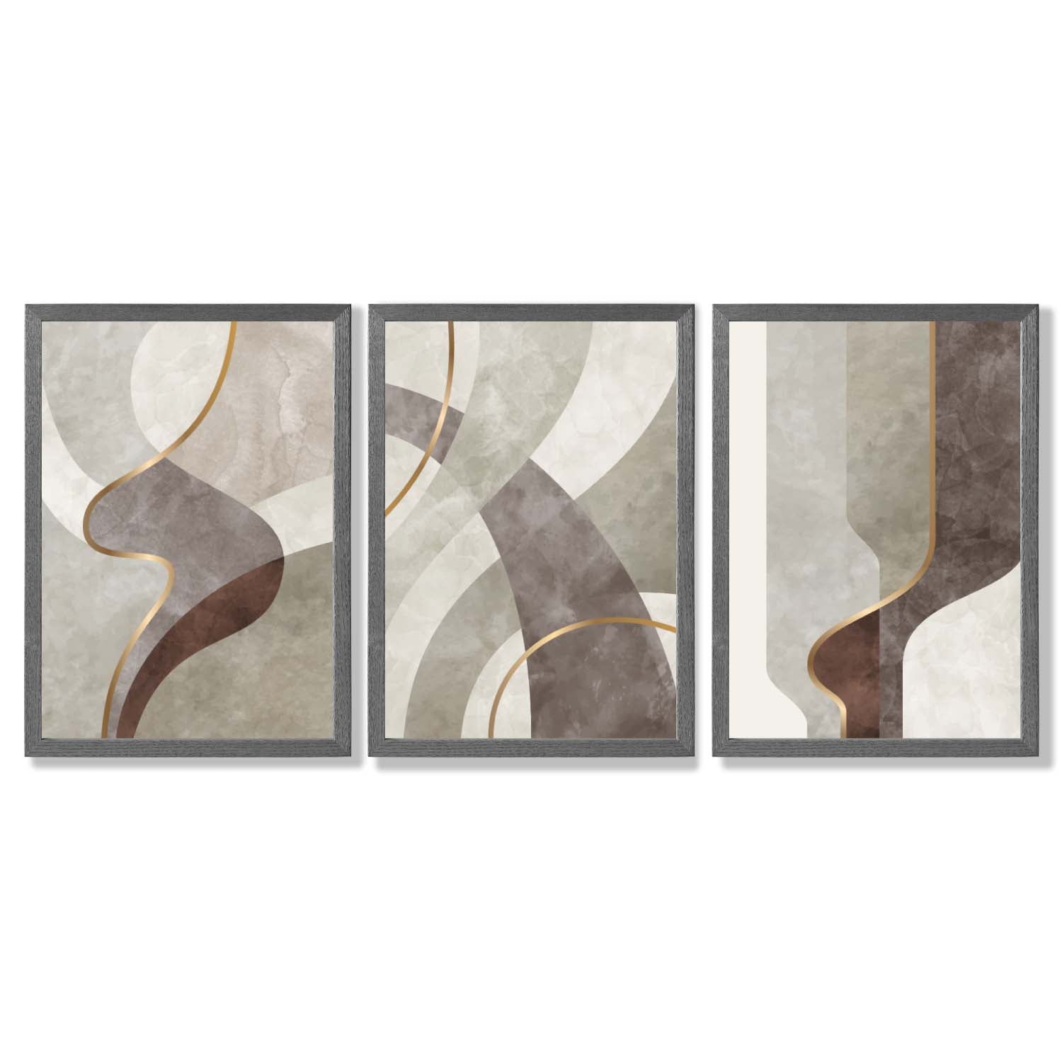 Beige and Brown Set of 3 Abstract Swirls Framed Art Prints with Dark Grey Wooden Frames