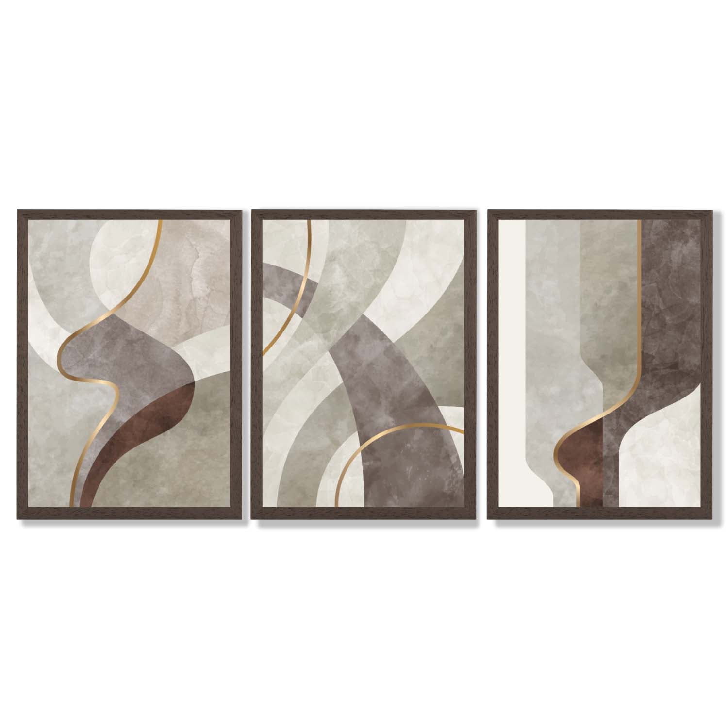 Beige and Brown Set of 3 Abstract Swirls Framed Art Prints with Dark Wood Frames