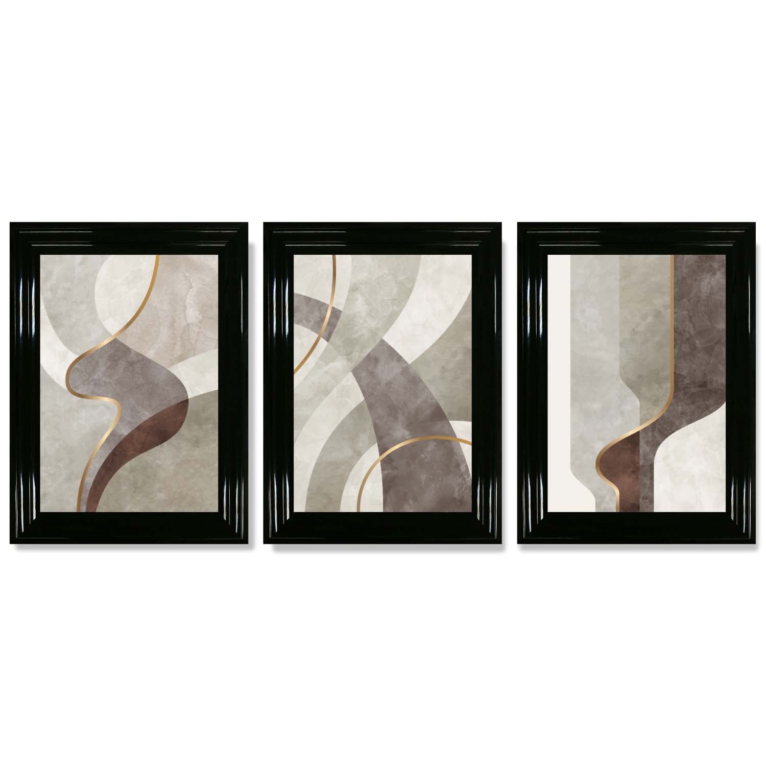 Beige and Brown Set of 3 Abstract Swirls Framed Art Prints with Glossy Black Frames