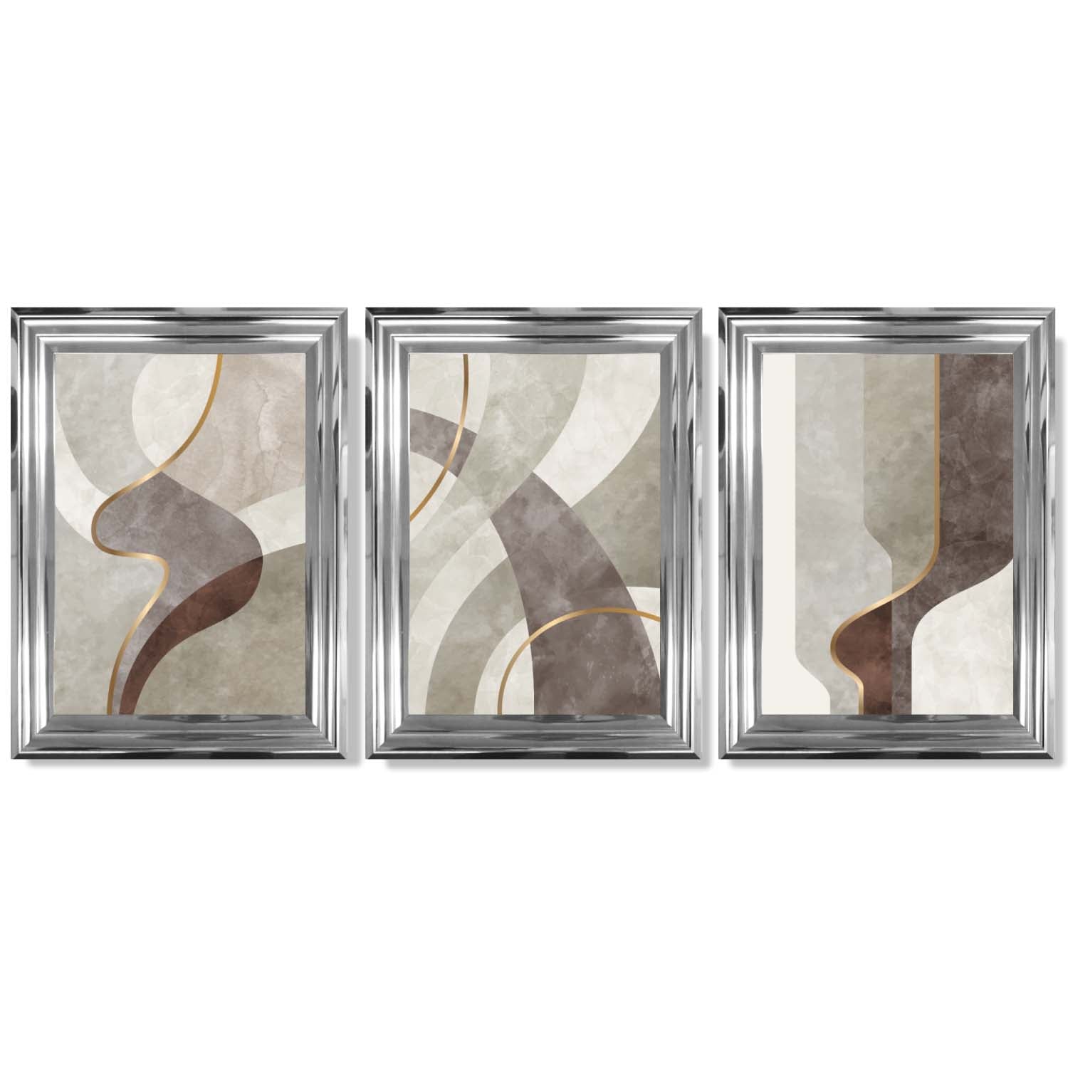 Beige and Brown Set of 3 Abstract Swirls Framed Art Prints with Glossy Chrome Frames