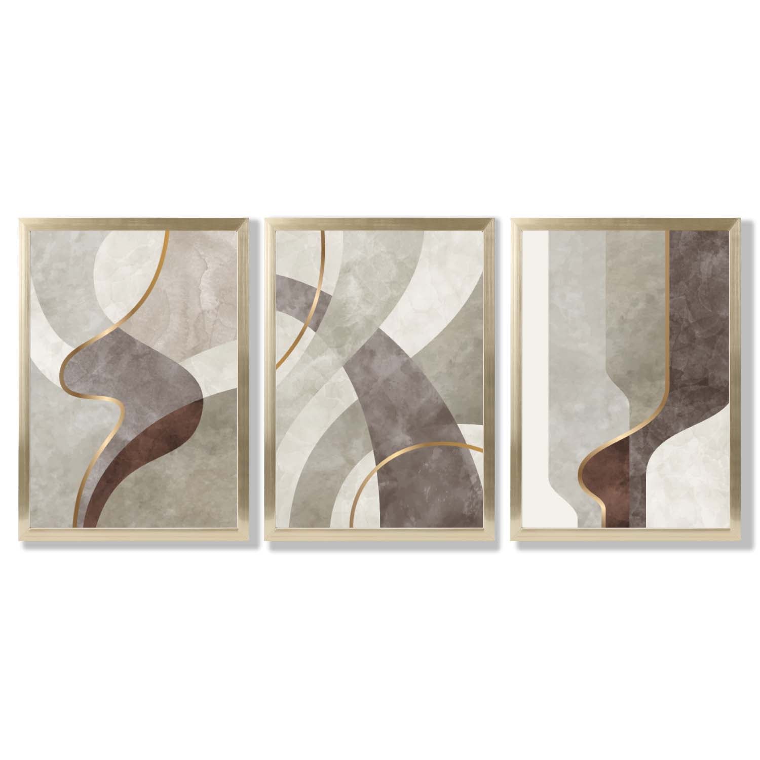 Beige and Brown Set of 3 Abstract Swirls Framed Art Prints with Gold Wood Frames