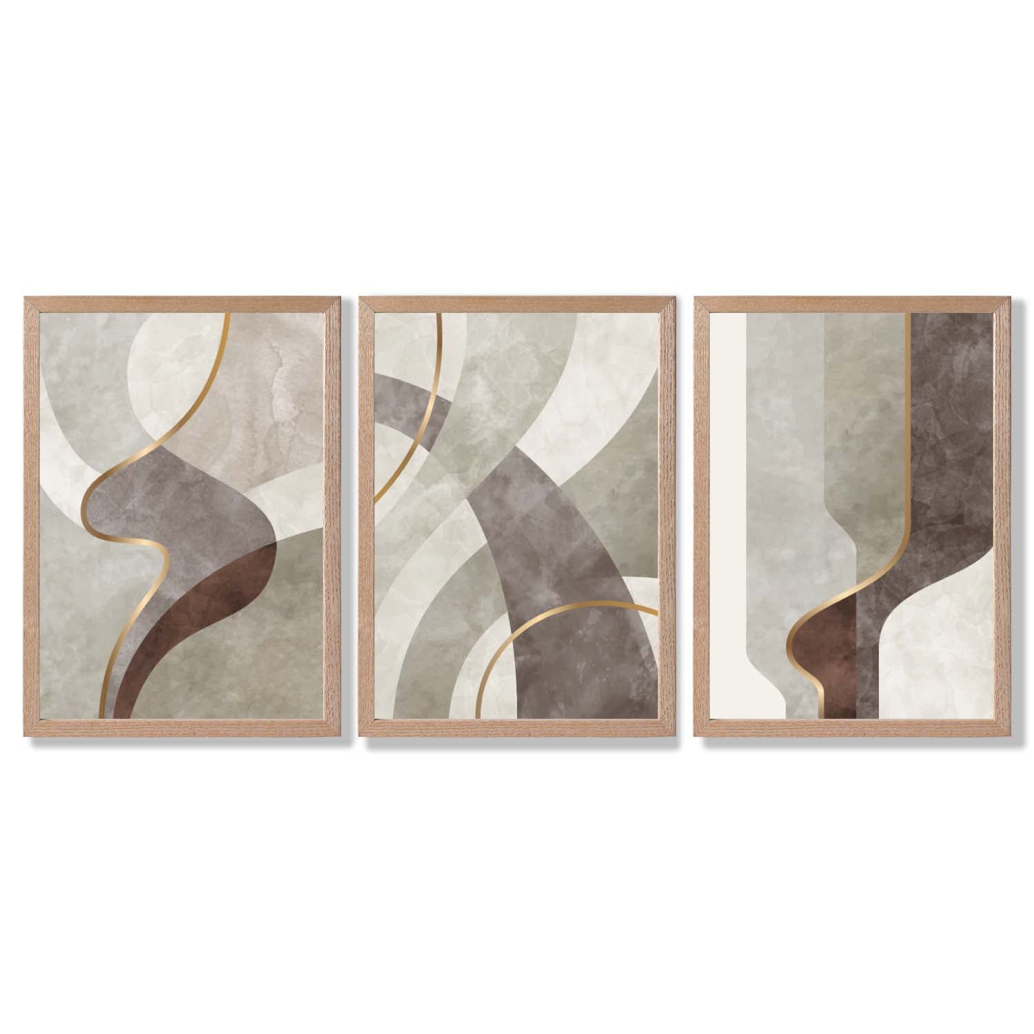 Beige and Brown Set of 3 Abstract Swirls Framed Art Prints with Light Oak Frames