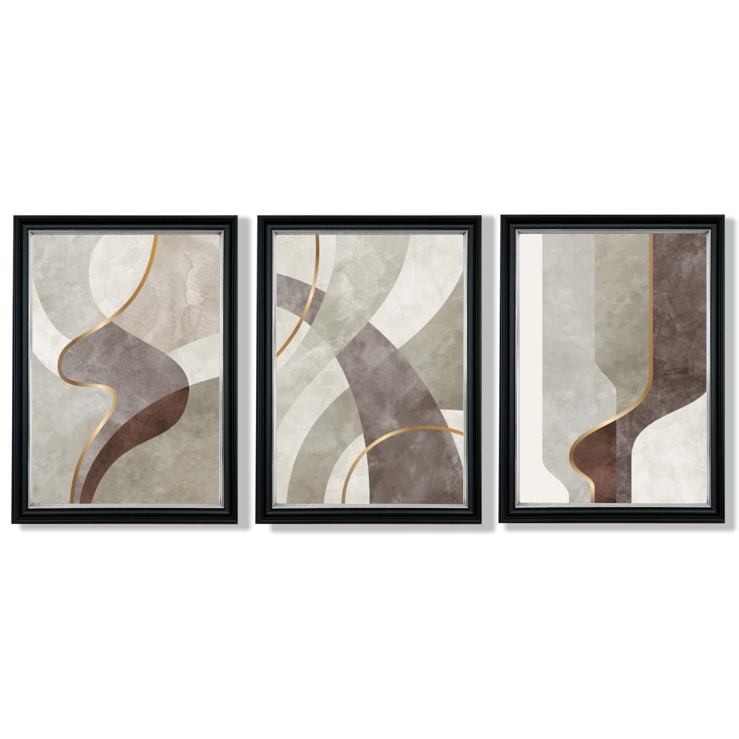 Beige and Brown Set of 3 Abstract Swirls Framed Art Prints with Vermeer Black and Silver Frames