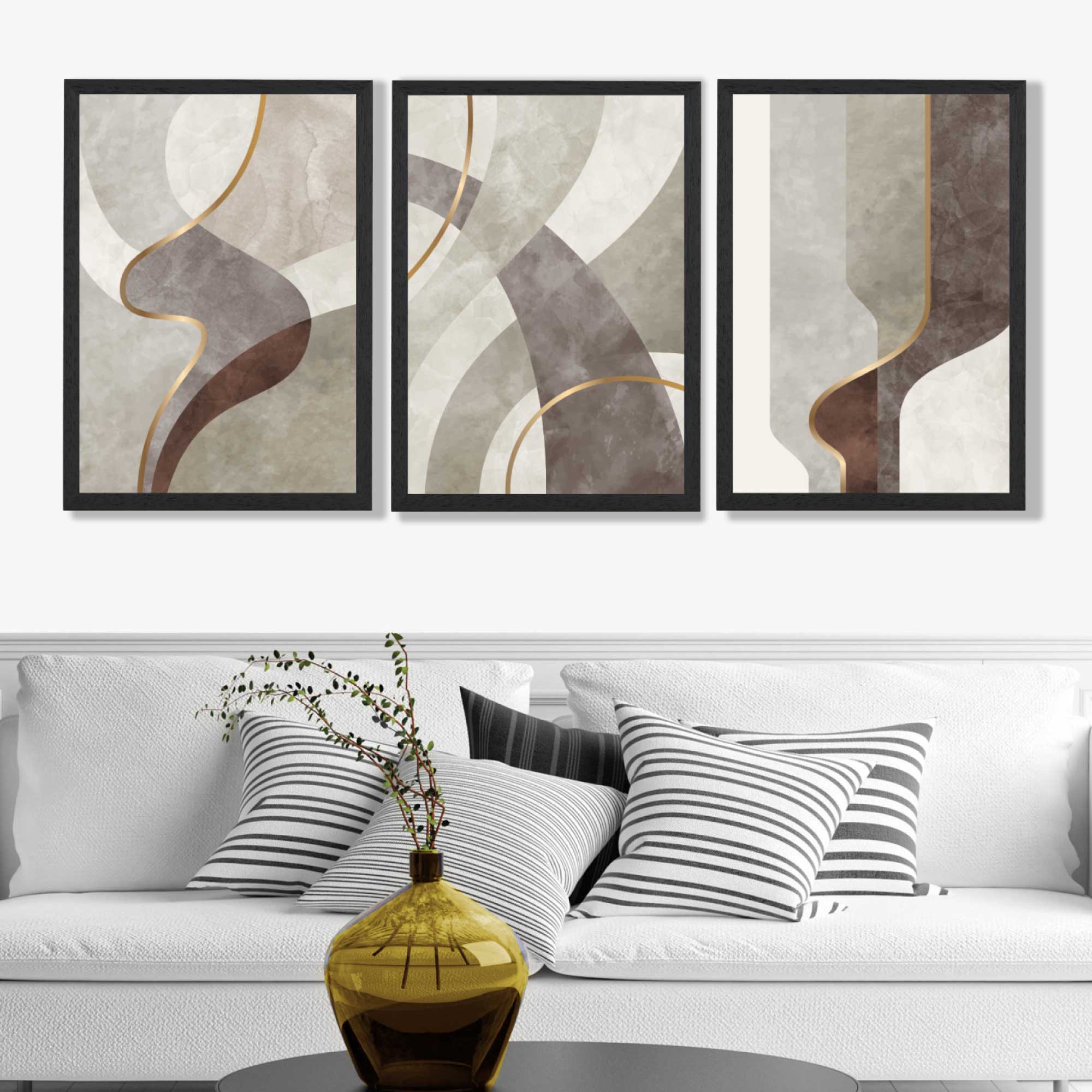 Beige and Brown Set of 3 Abstract Swirls Art Prints in Luxury Frames | Artze UK