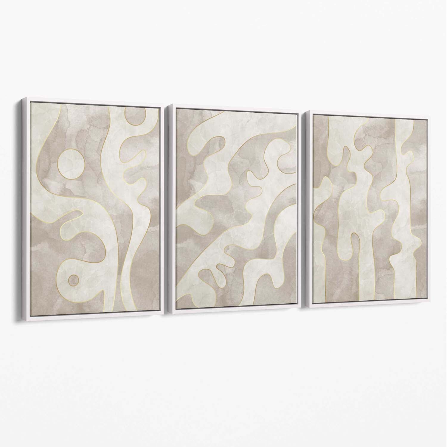 Set of 3 Abstract Neutral Beige Canvas Art Prints with White Float Frame