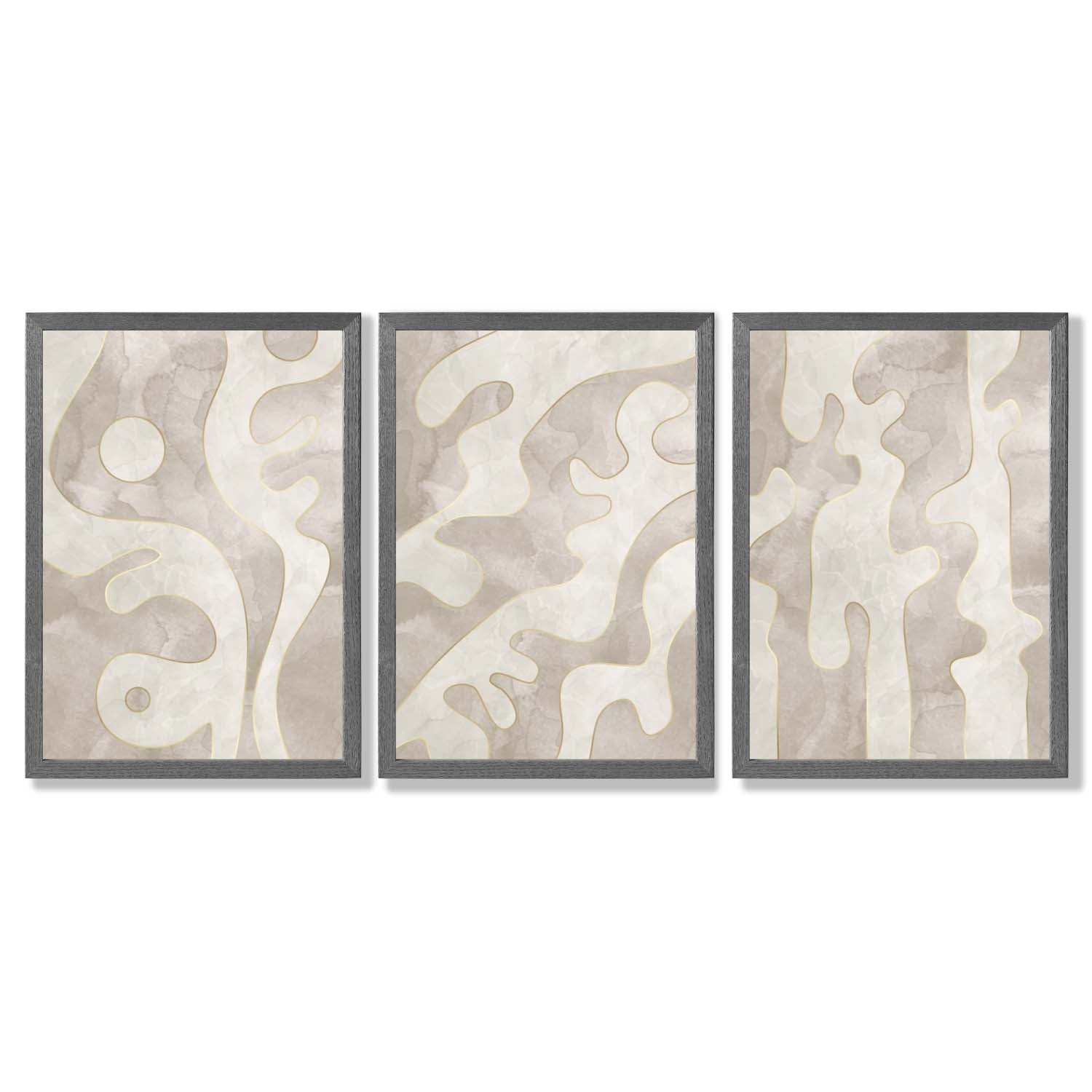 Set of 3 Abstract Neutral Beige Framed Art Prints with Dark Grey Wooden Frames