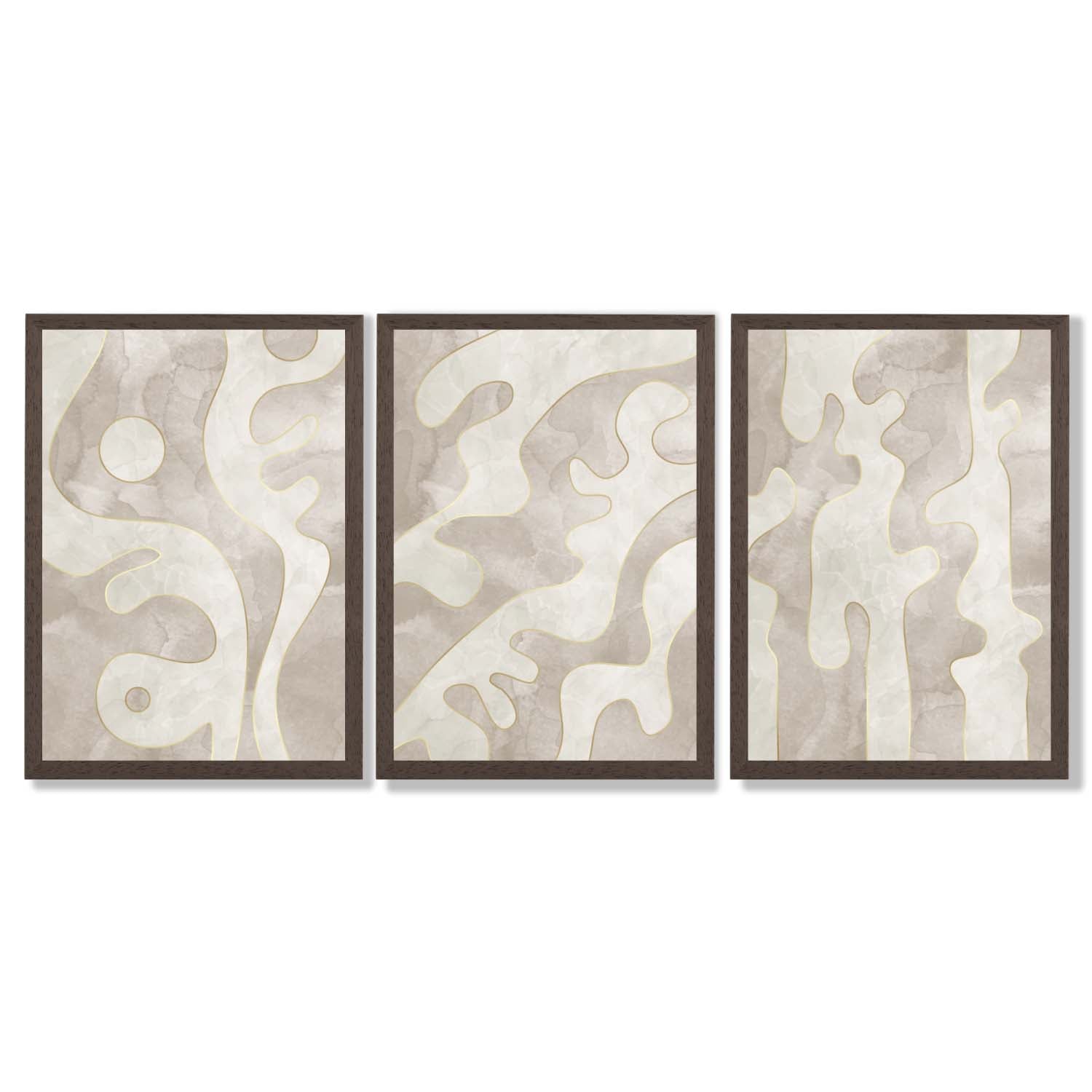 Set of 3 Abstract Neutral Beige Framed Art Prints with Dark Wood Frames