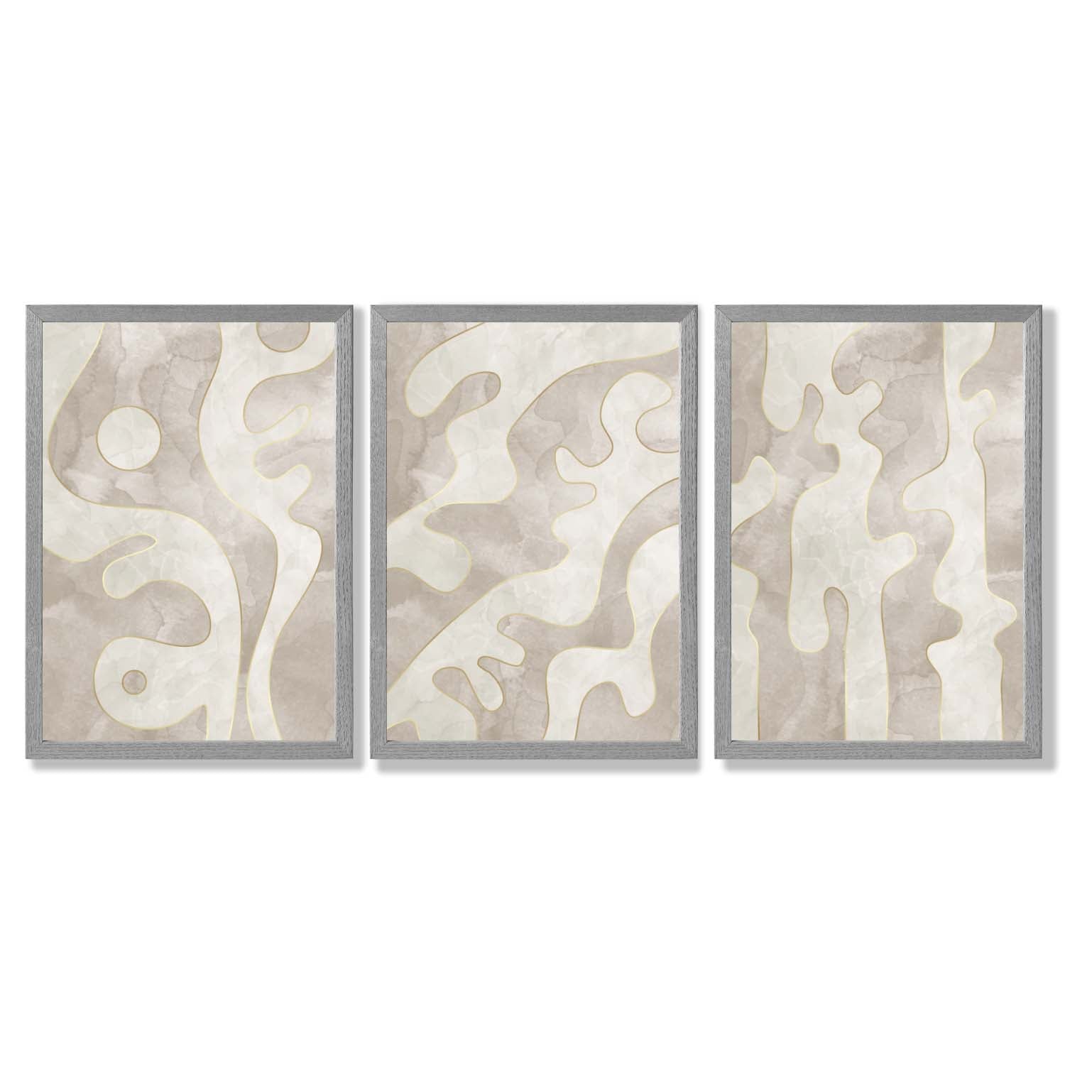 Set of 3 Abstract Neutral Beige Framed Art Prints with Light Grey Wooden Frames