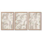 Set of 3 Abstract Neutral Beige Framed Art Prints with Light Oak Frames