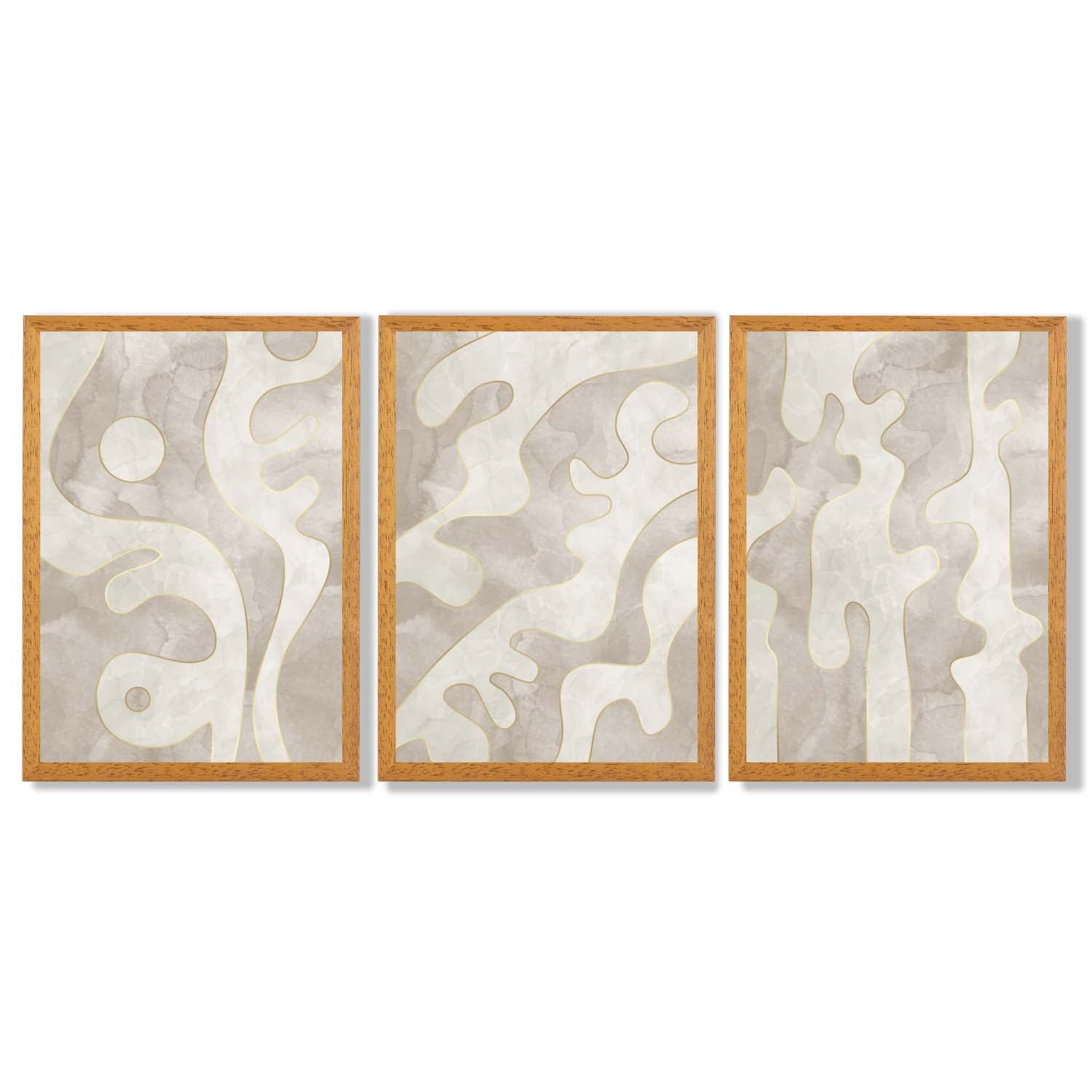 Set of 3 Abstract Neutral Beige Framed Art Prints with Oak Wooden Frames