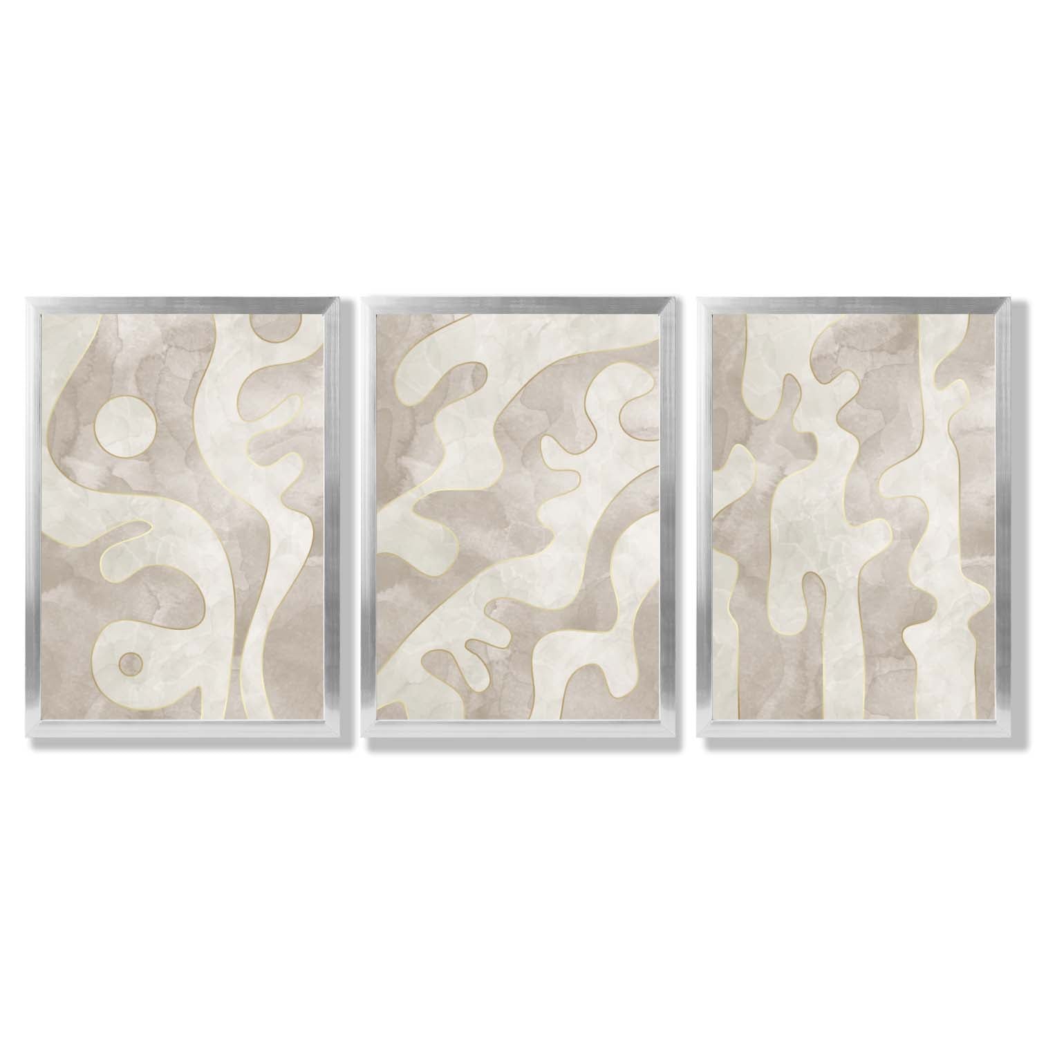 Set of 3 Abstract Neutral Beige Framed Art Prints with Silver Wood Frames