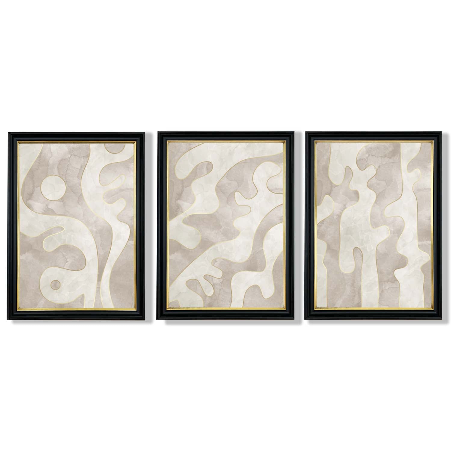 Set of 3 Abstract Neutral Beige Framed Art Prints with Vermeer Black and Gold Frames