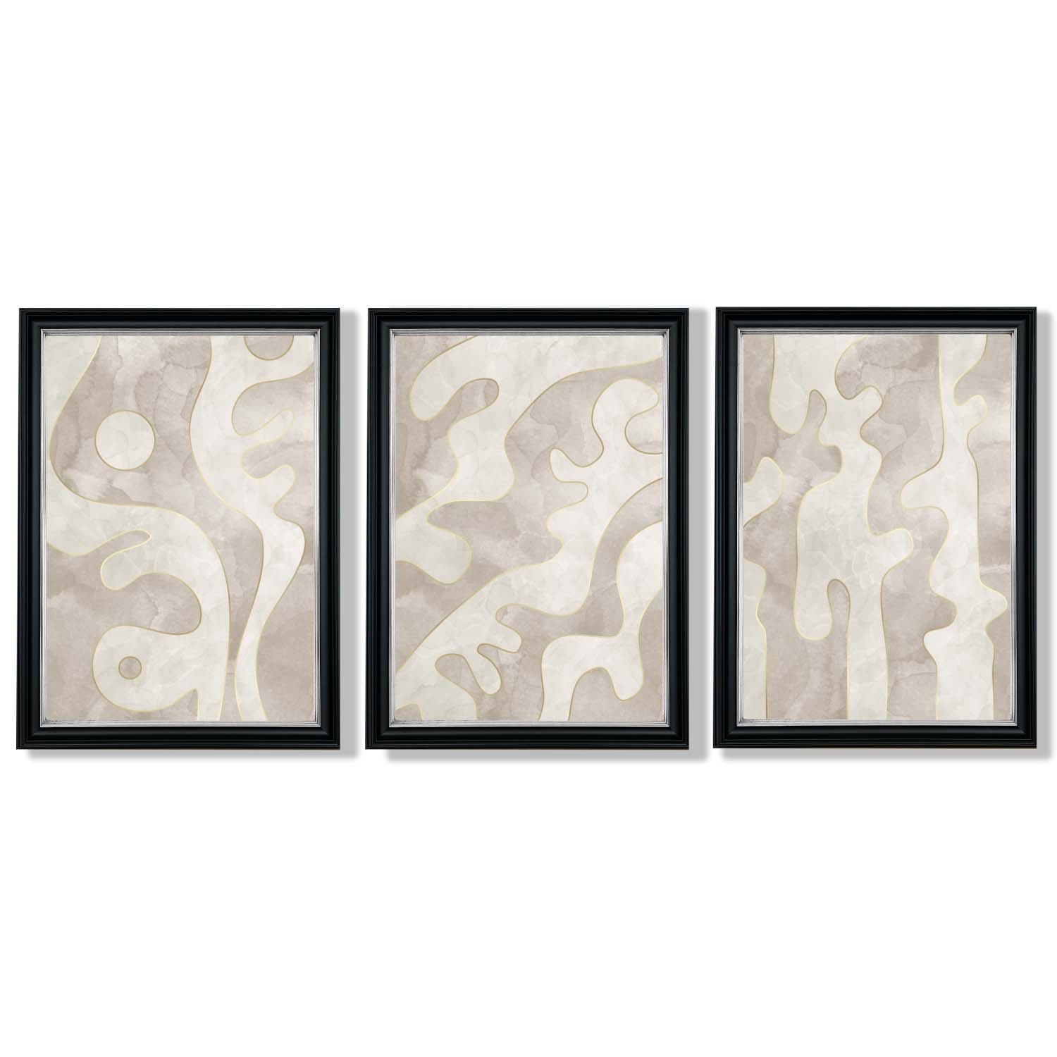 Set of 3 Abstract Neutral Beige Framed Art Prints with Vermeer Black and Silver Frames