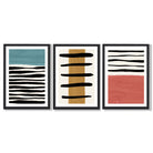 Set of 3 Abstract Red Blue Yellow Seascape  Framed Art Prints with Black Wooden Frames