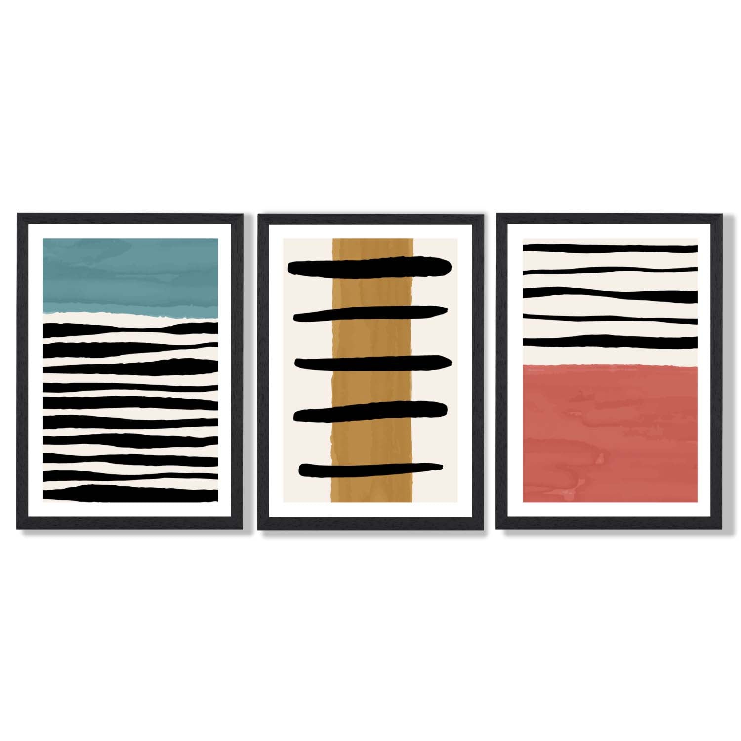 Set of 3 Abstract Red Blue Yellow Seascape  Framed Art Prints with Black Wooden Frames