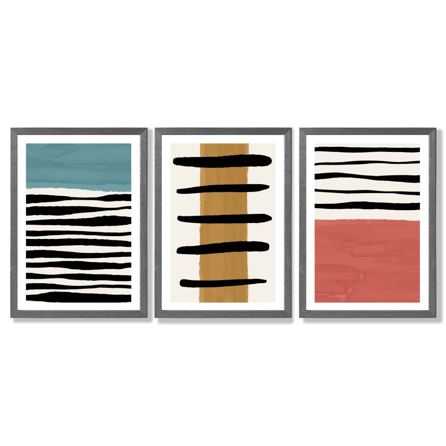 Set of 3 Abstract Red Blue Yellow Seascape  Framed Art Prints with Dark Grey Wooden Frames