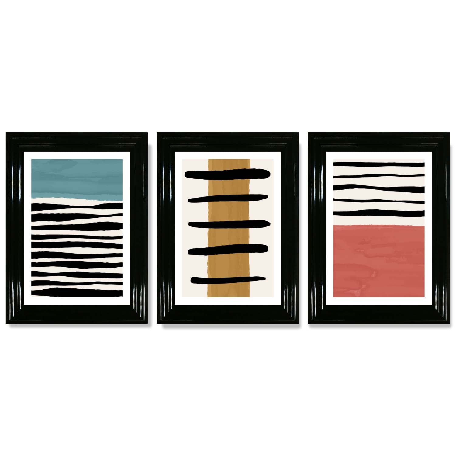 Set of 3 Abstract Red Blue Yellow Seascape  Framed Art Prints with Glossy Black Frames