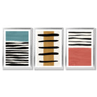 Set of 3 Abstract Red Blue Yellow Seascape  Framed Art Prints with Silver Wood Frames