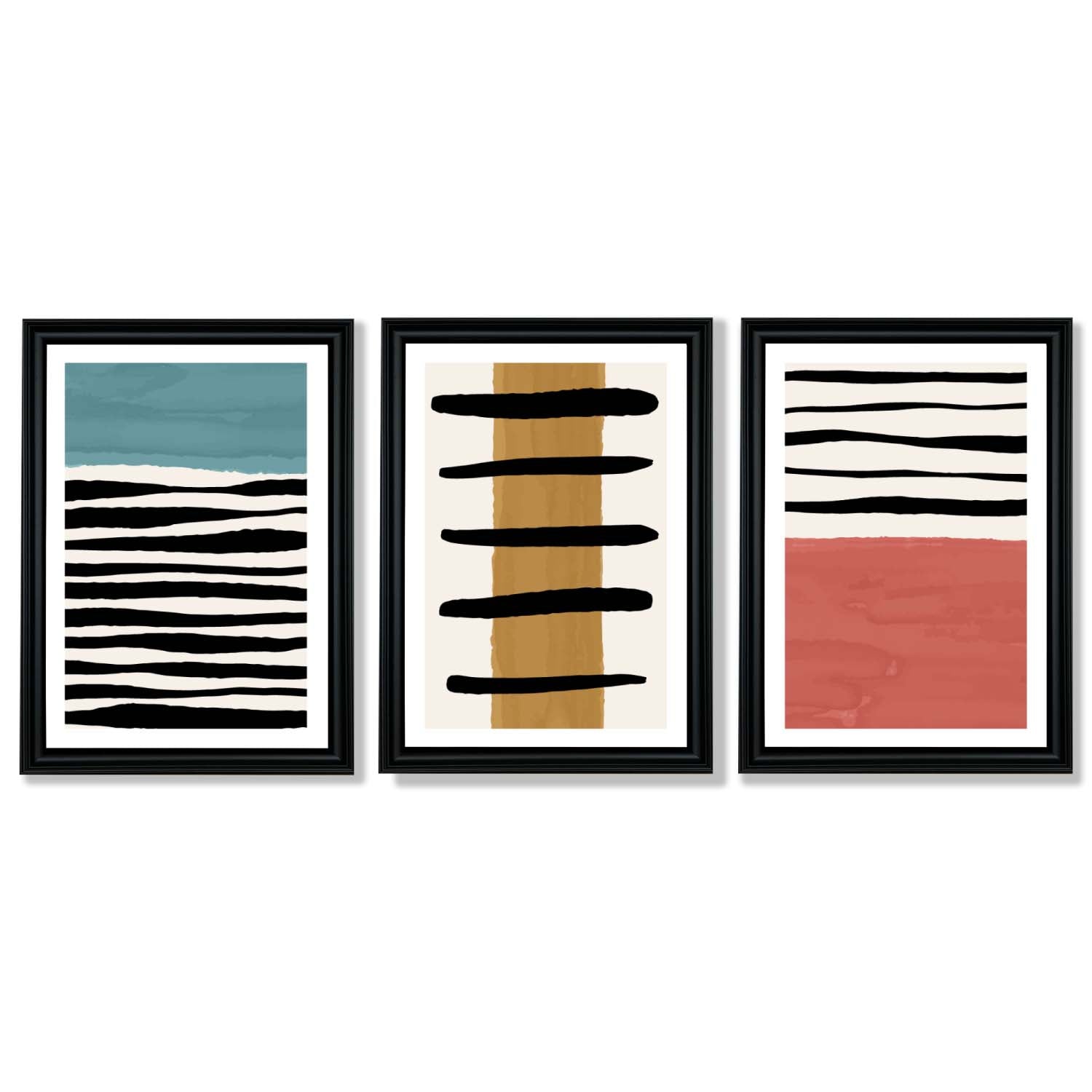 Set of 3 Abstract Red Blue Yellow Seascape  Framed Art Prints with Vermeer Black Frames