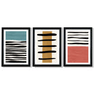 Set of 3 Abstract Red Blue Yellow Seascape  Framed Art Prints with Vermeer Black and Silver Frames