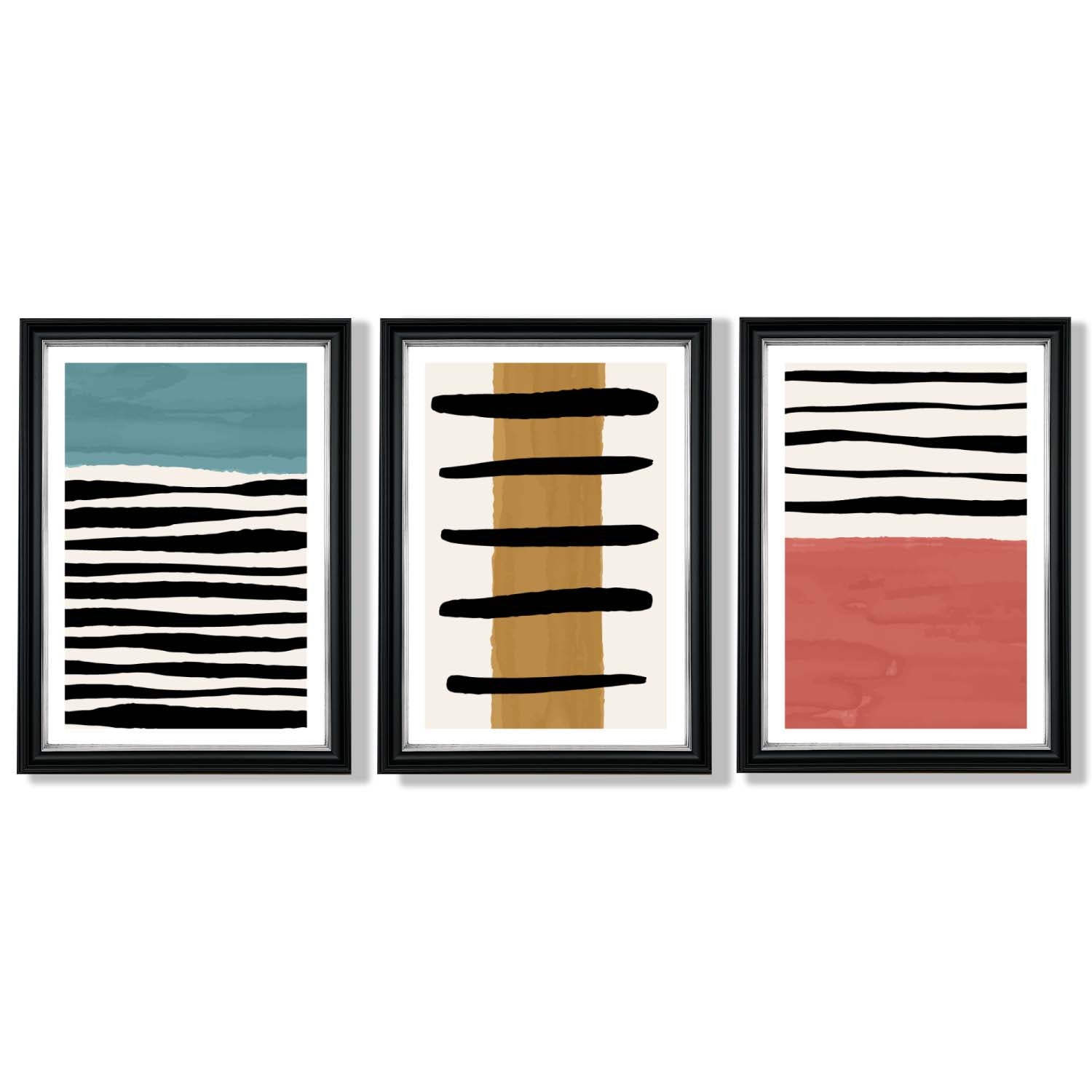 Set of 3 Abstract Red Blue Yellow Seascape  Framed Art Prints with Vermeer Black and Silver Frames