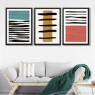 Set of 3 Abstract Red Blue Yellow Seascape  Art Prints in Black Frames | Artze UK