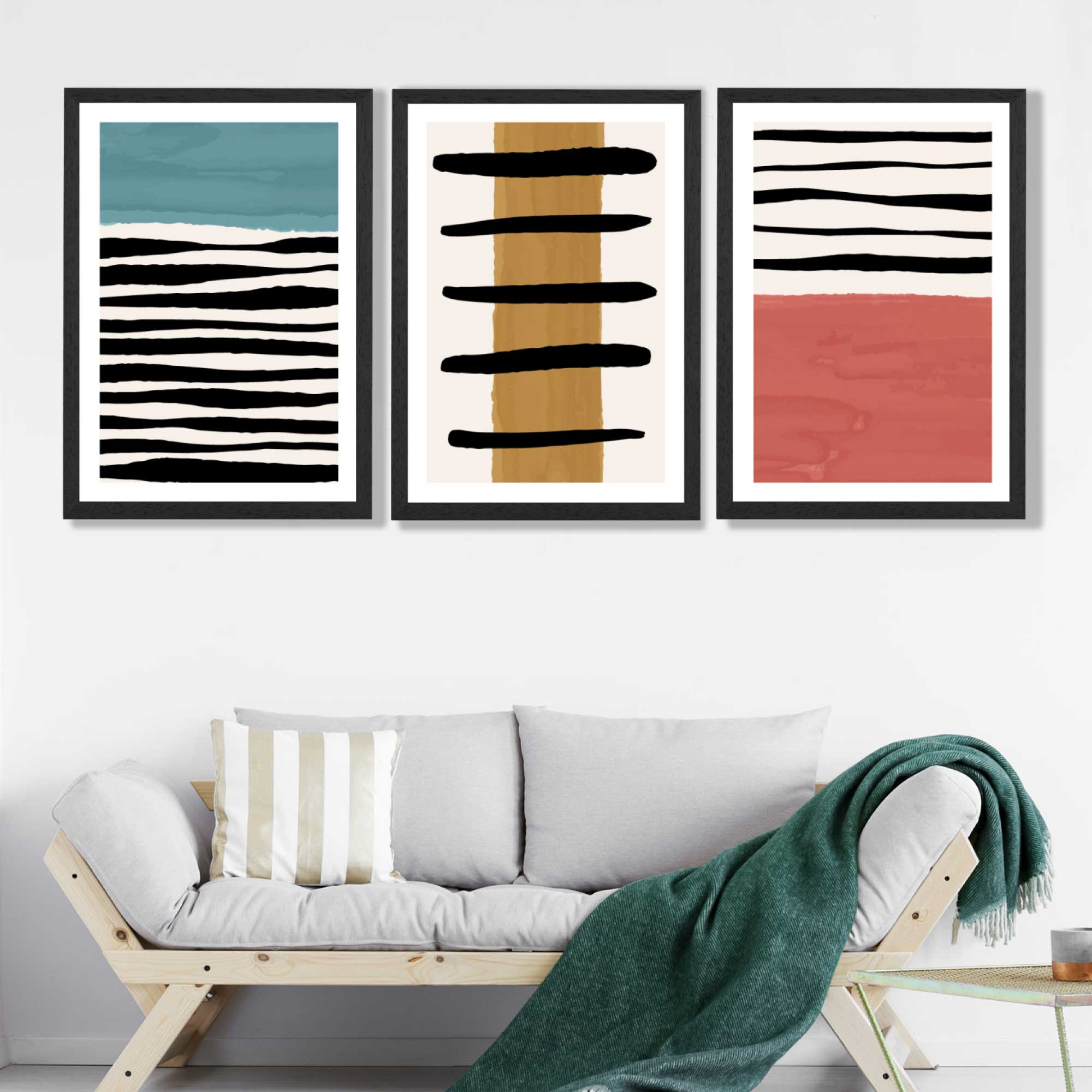 Set of 3 Abstract Red Blue Yellow Seascape  Art Prints in Black Frames | Artze UK