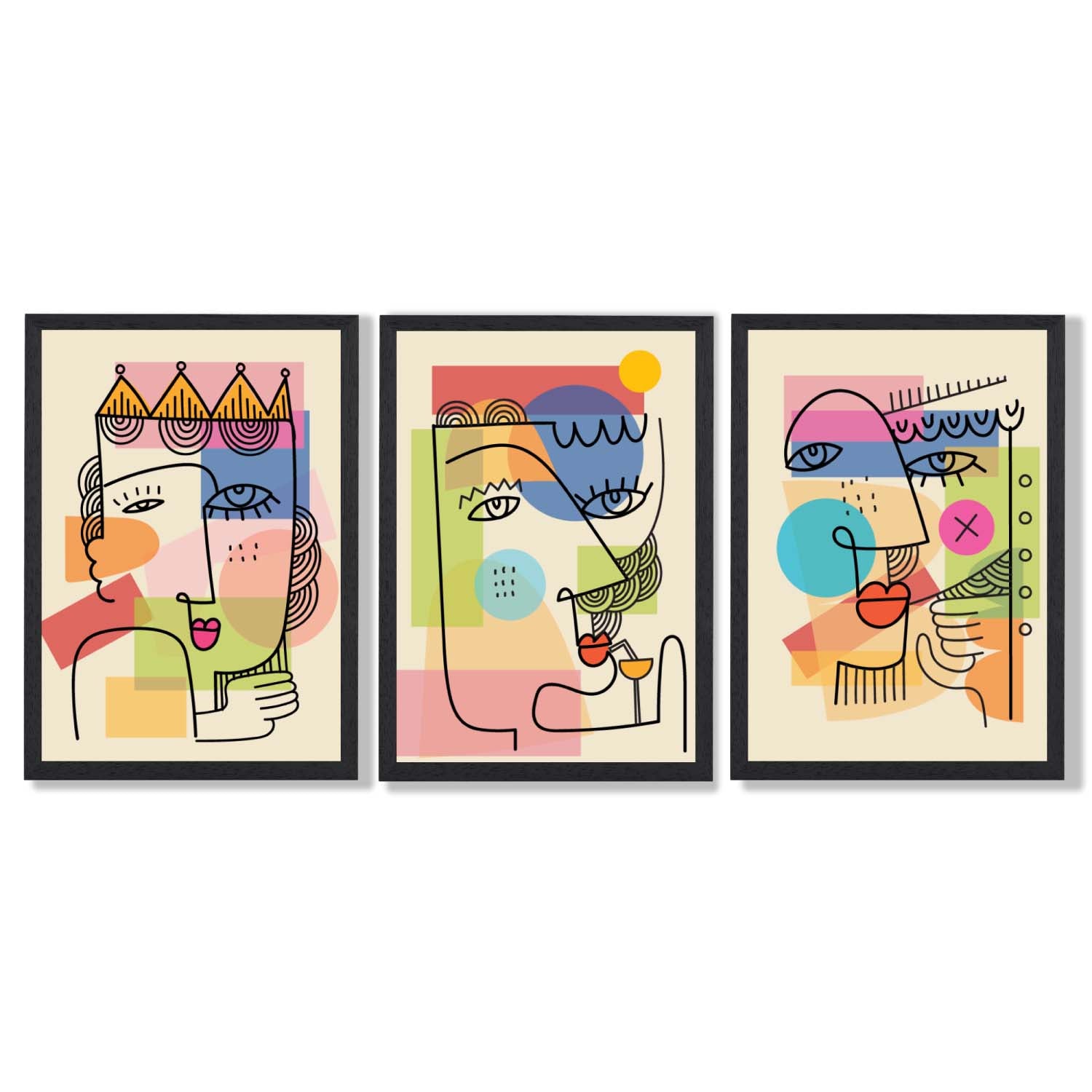 Set of 3 Abstract Picasso Style Faces Framed Art Prints with Black Wooden Frames