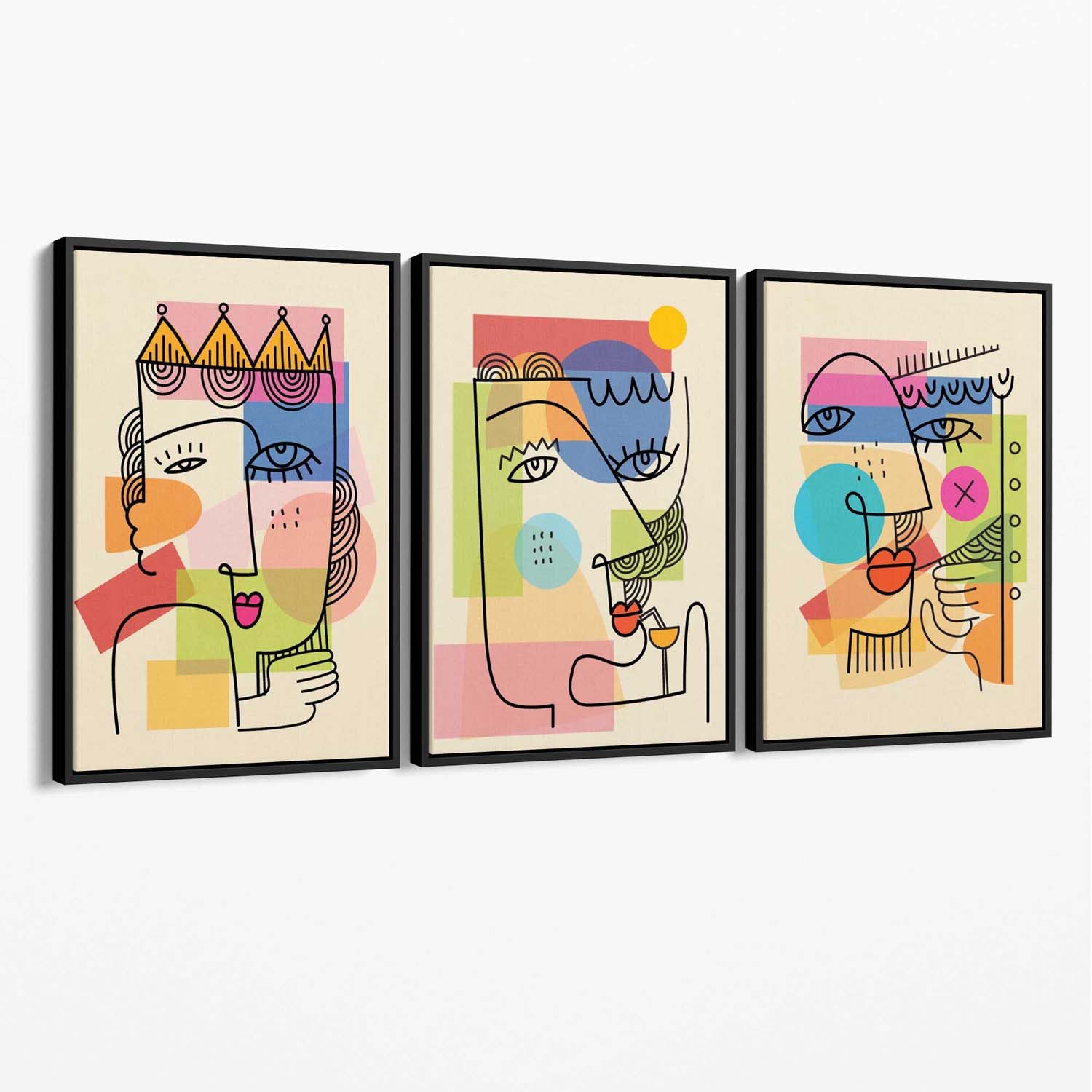 Set of 3 Abstract Picasso Style Faces Canvas Art Prints with Black Float Frame