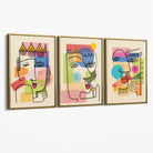 Set of 3 Abstract Picasso Style Faces Canvas Art Prints with Gold Float Frame