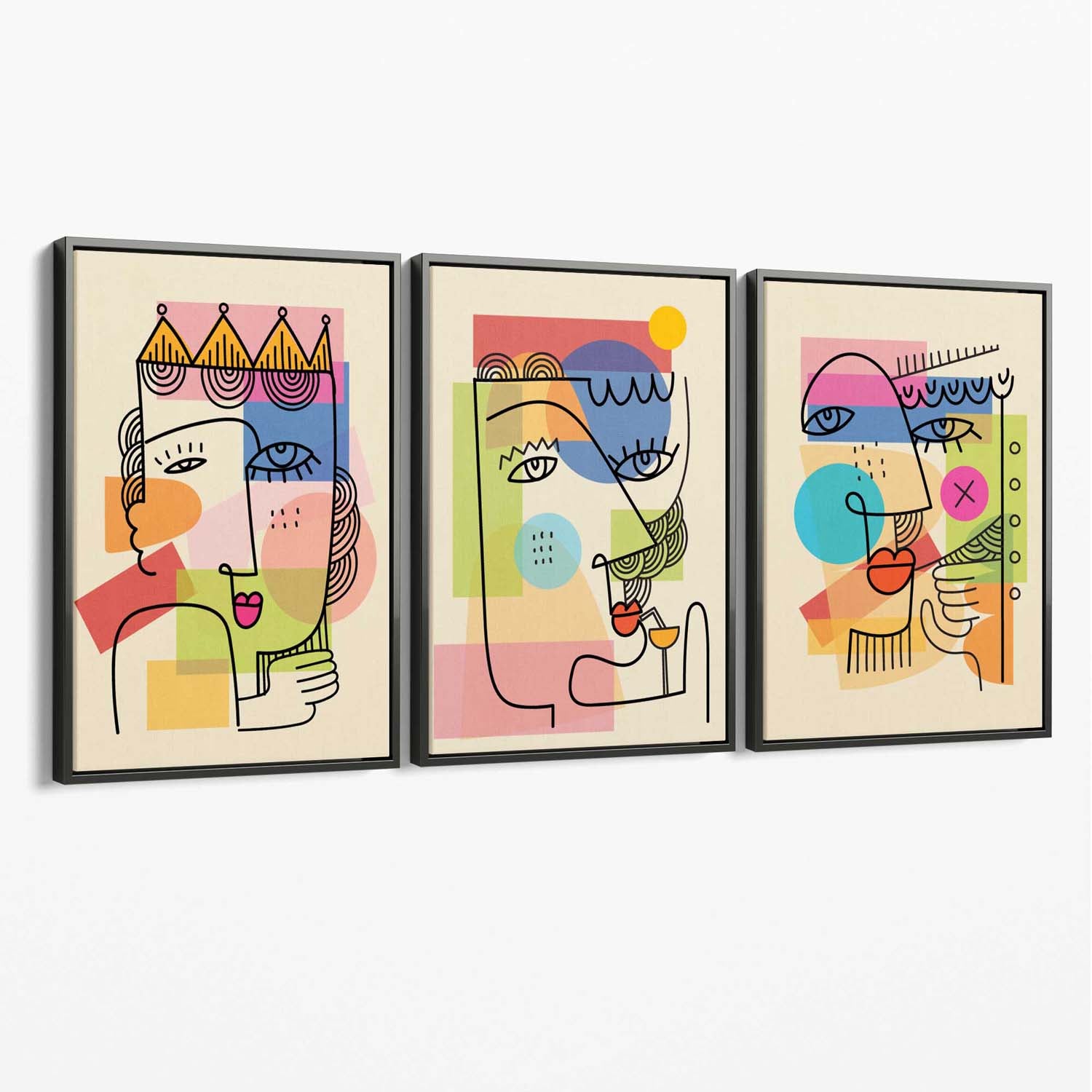 Set of 3 Abstract Picasso Style Faces Canvas Art Prints with Grey Float Frame