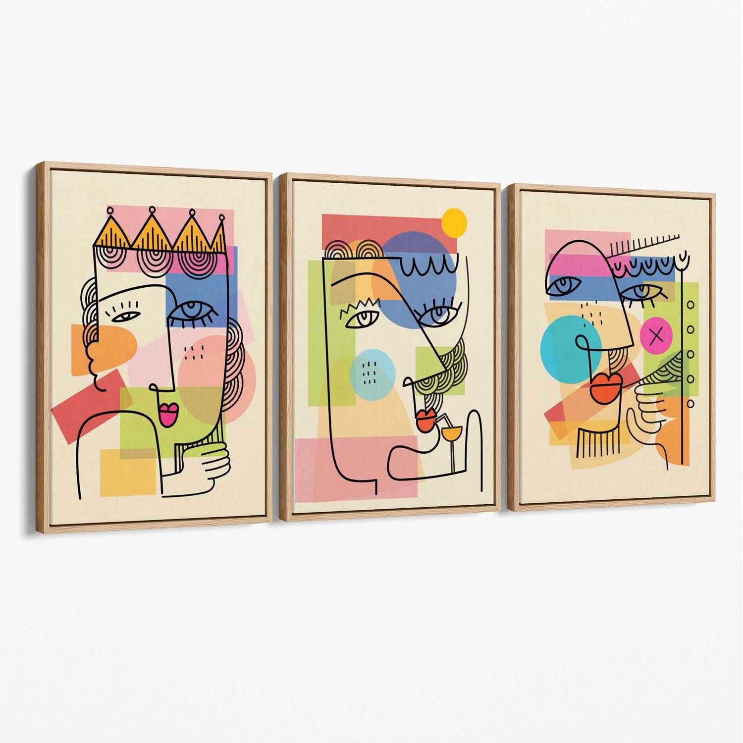 Set of 3 Abstract Picasso Style Faces Canvas Art Prints with Oak Float Frame