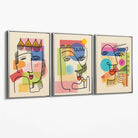 Set of 3 Abstract Picasso Style Faces Canvas Art Prints with Silver Float Frame