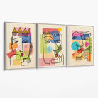 Set of 3 Abstract Picasso Style Faces Canvas Art Prints with White Float Frame