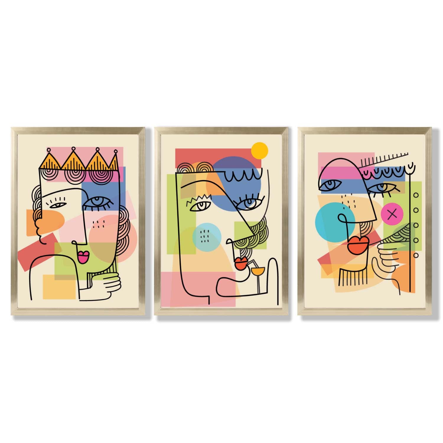 Set of 3 Abstract Picasso Style Faces Framed Art Prints with Gold Wood Frames