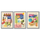 Set of 3 Abstract Picasso Style Faces Framed Art Prints with Light Grey Wooden Frames