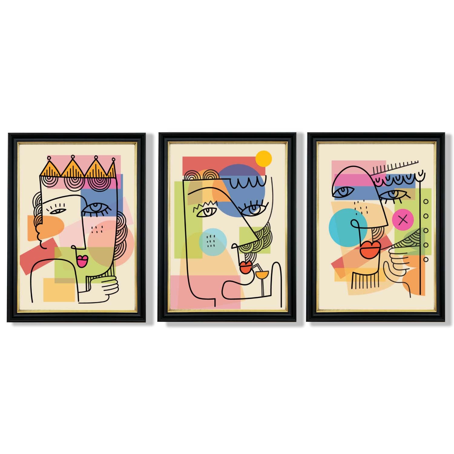 Set of 3 Abstract Picasso Style Faces Framed Art Prints with Vermeer Black and Gold Frames