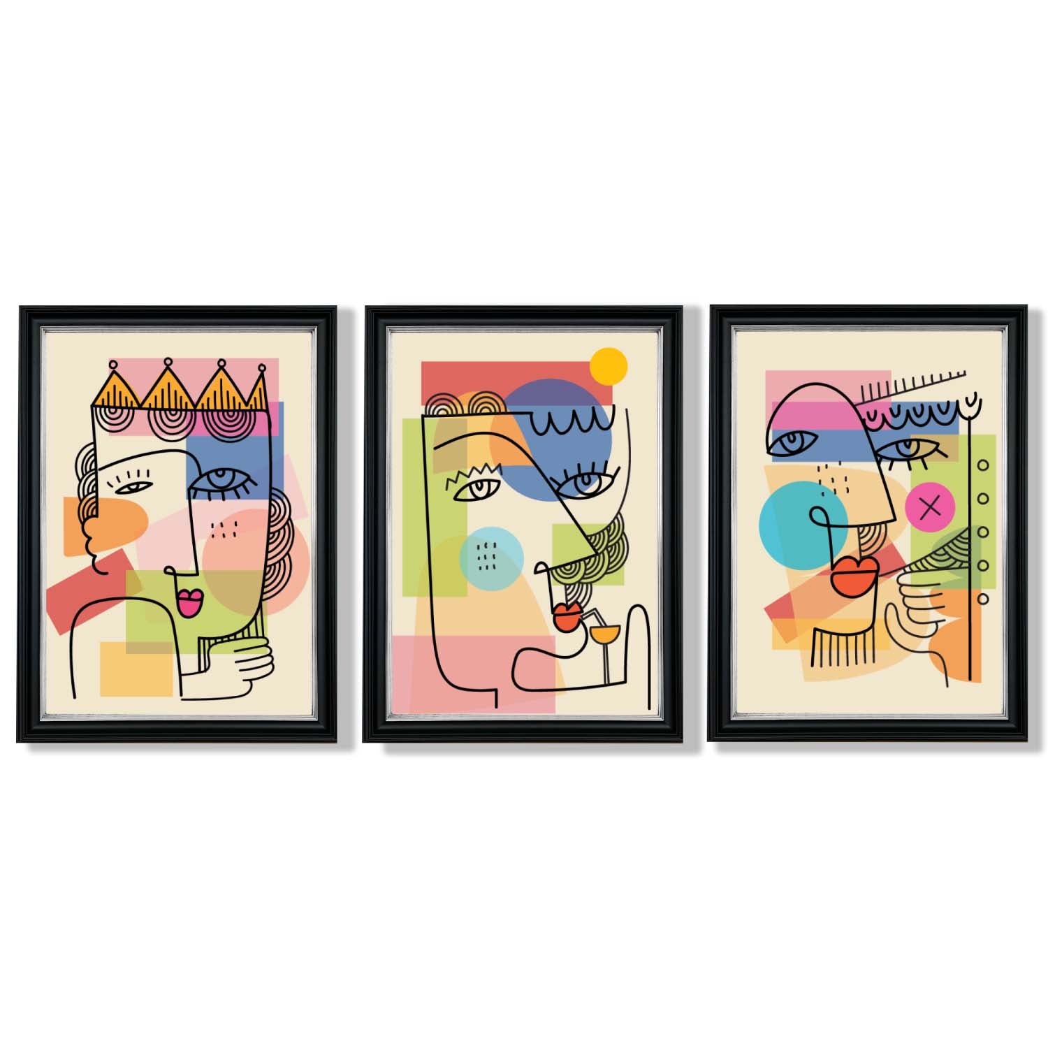 Set of 3 Abstract Picasso Style Faces Framed Art Prints with Vermeer Black and Silver Frames