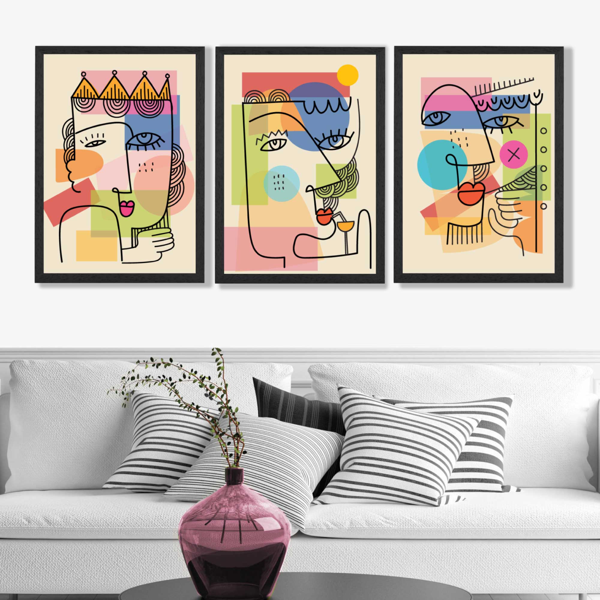 Set of 3 Abstract Picasso Style Faces Art Prints in Luxury Frames | Artze UK