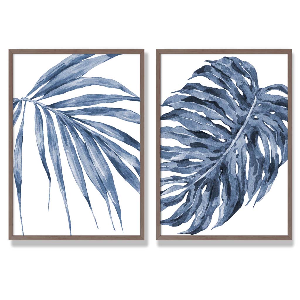 Blue Monstera Papyrus Watercolour Set of 2 Art Prints with Walnut Frame
