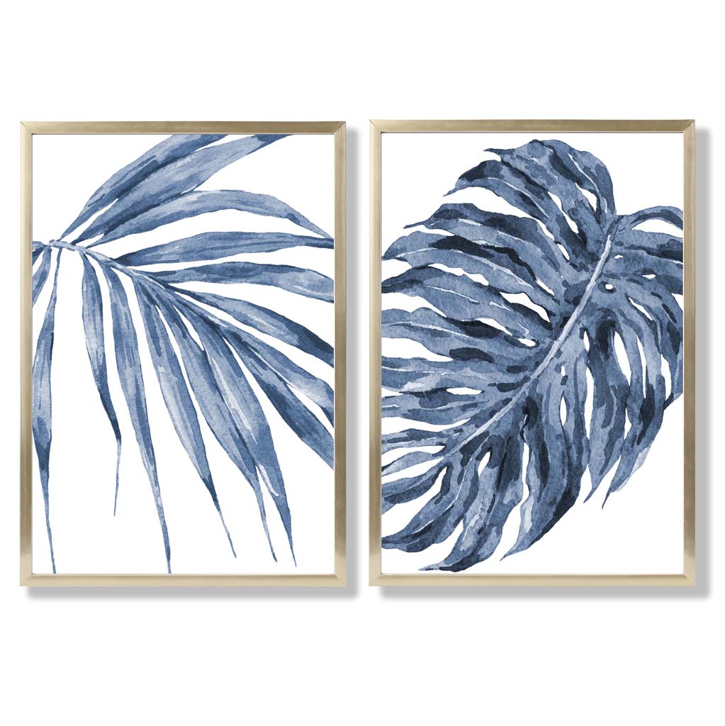 Blue Monstera Papyrus Watercolour Set of 2 Art Prints with Gold Frame