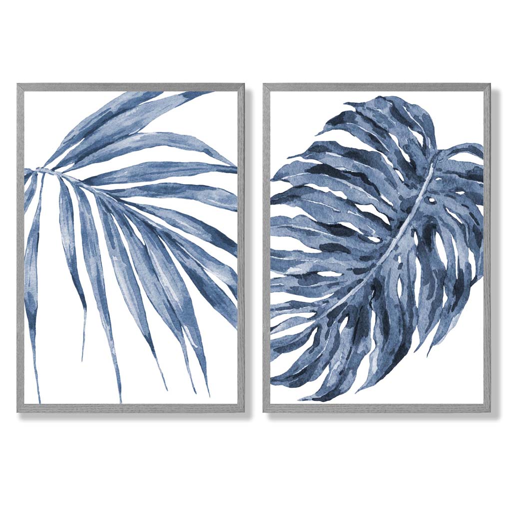 Blue Monstera Papyrus Watercolour Set of 2 Art Prints with Light Grey Frame