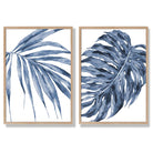 Blue Monstera Papyrus Watercolour Set of 2 Art Prints with Oak Frame