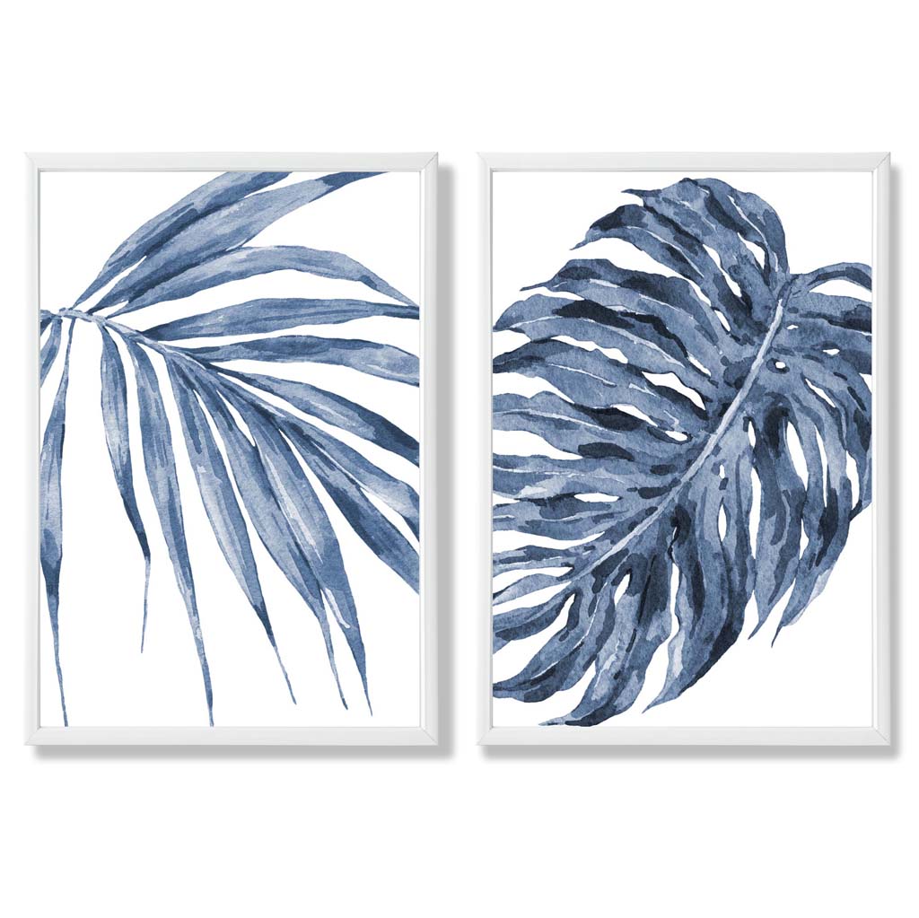 Blue Monstera Papyrus Watercolour Set of 2 Art Prints with White Frame