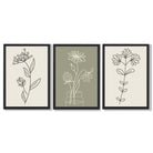 Set of 3 Green and Beige Minimal Floral Framed Art Prints with Black Wooden Frames