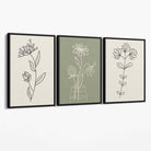 Set of 3 Green and Beige Minimal Floral Canvas Art Prints with Black Float Frame