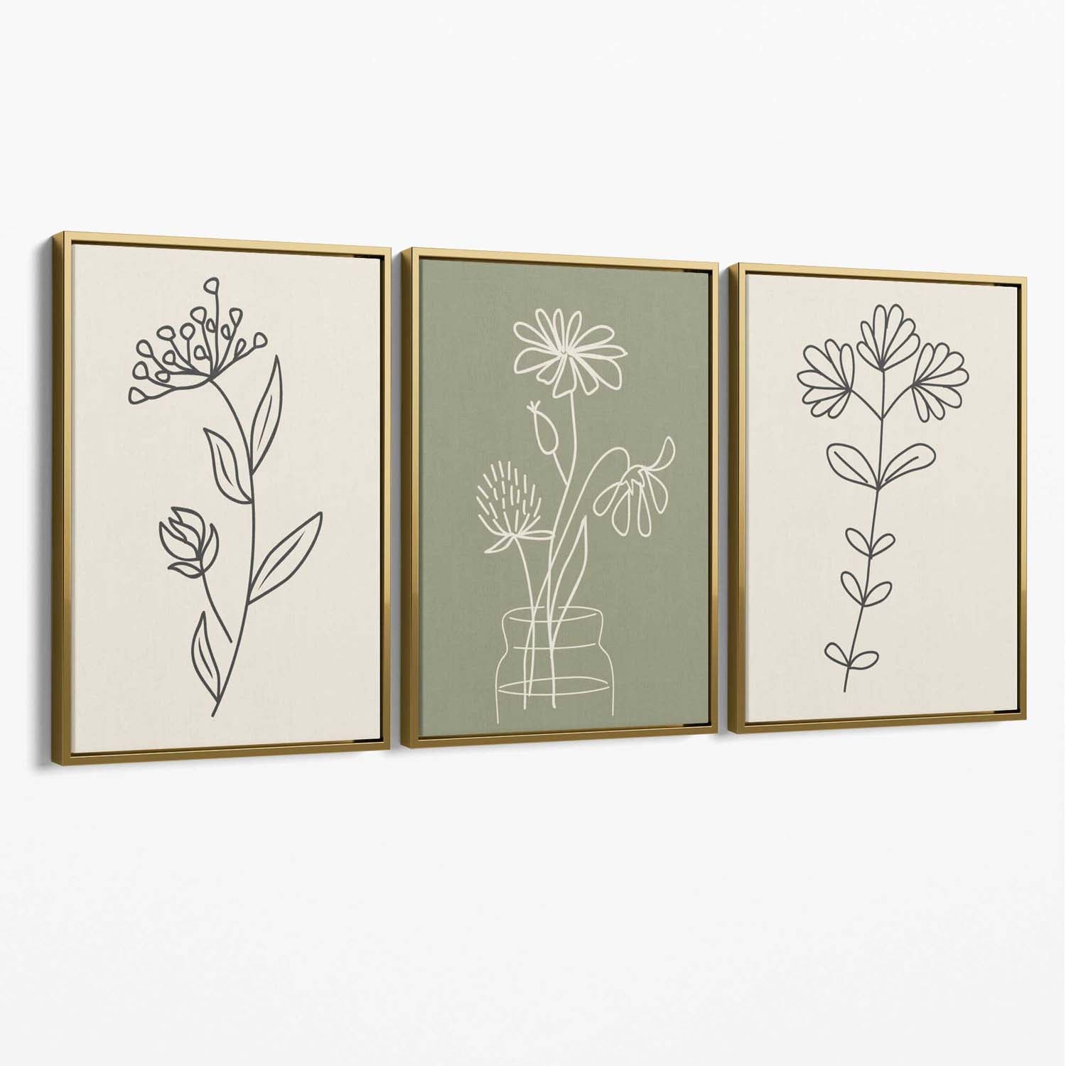 Set of 3 Green and Beige Minimal Floral Canvas Art Prints with Gold Float Frame