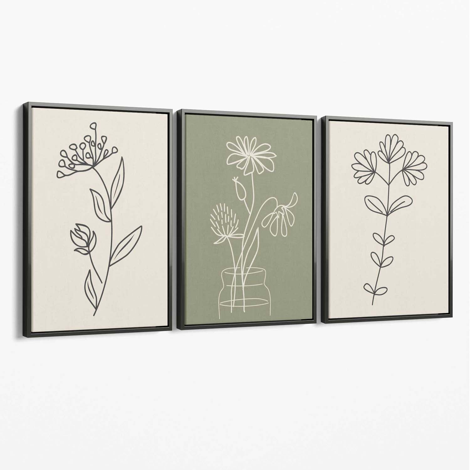 Set of 3 Green and Beige Minimal Floral Canvas Art Prints with Grey Float Frame